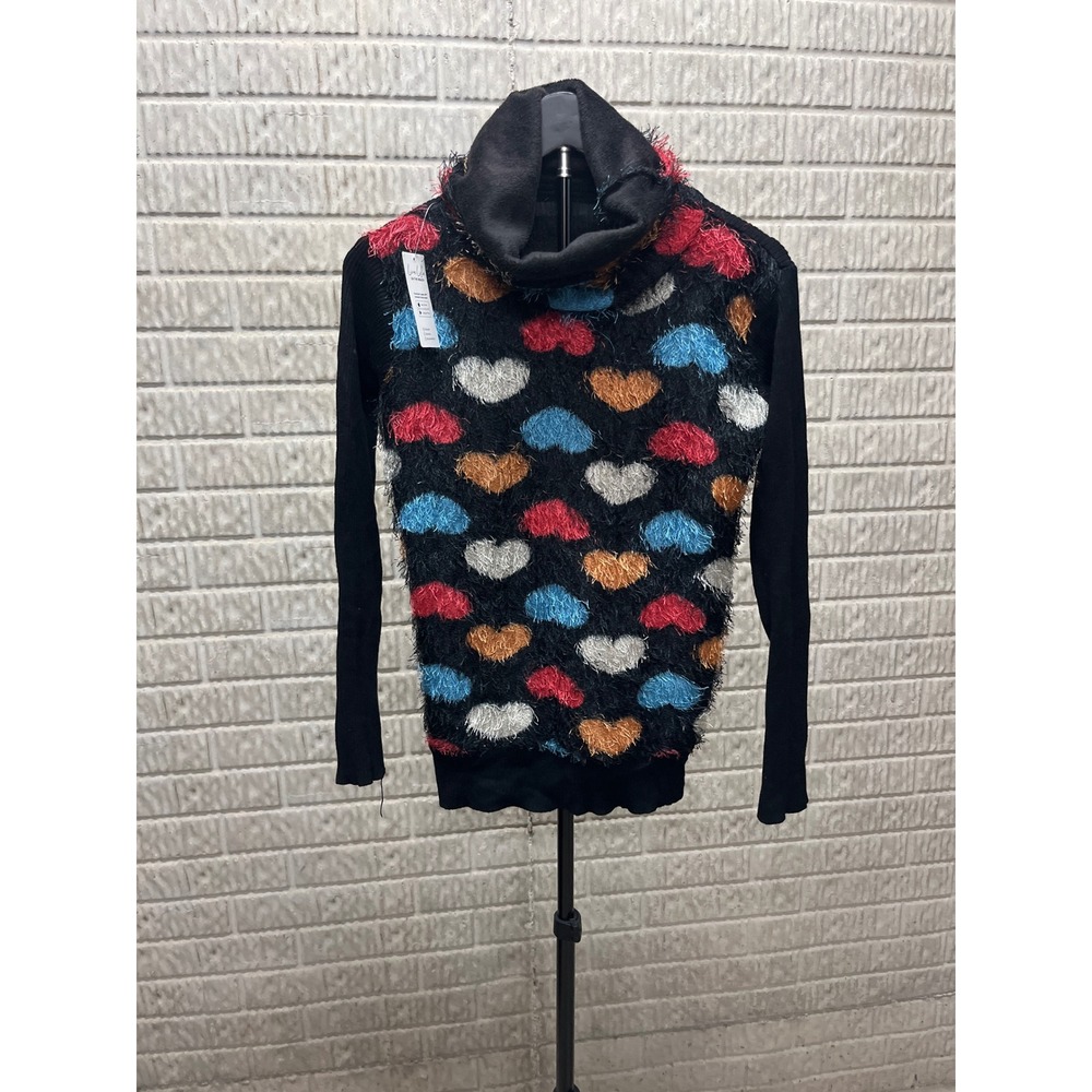 Cupshe Heart Pattern Cowl Neck Sweater Black Multi Eyelash Knit Long Sleeve NEW